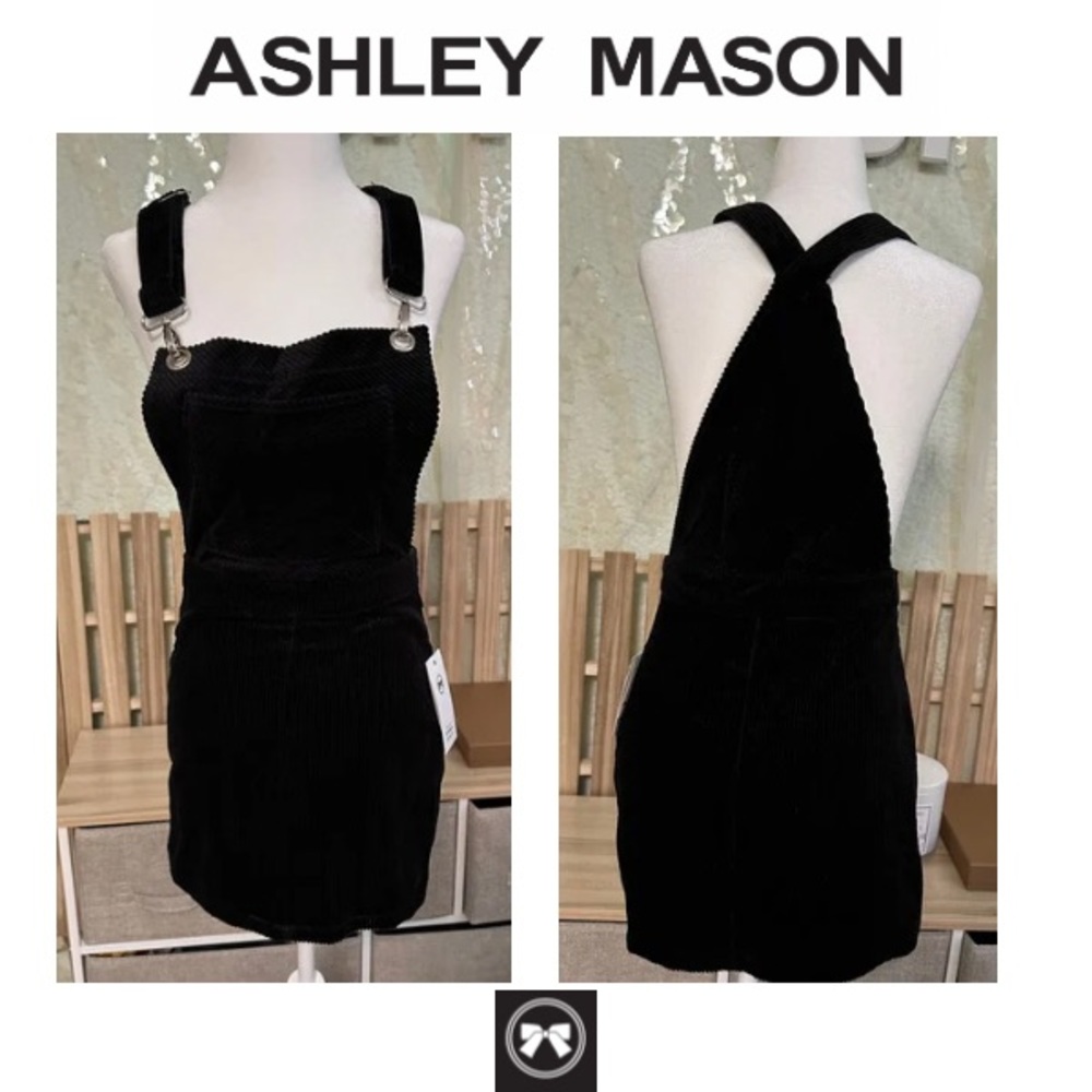 NWT Ashley Mason Black Corduroy Overall Mini Dress Scalloped Juniors Size Small
